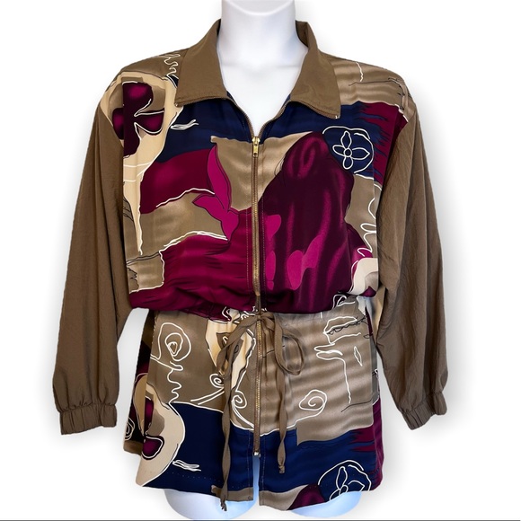Vintage Abstract Print Zip Jacket With Drawstring Plus Size 1X - Picture 9 of 9